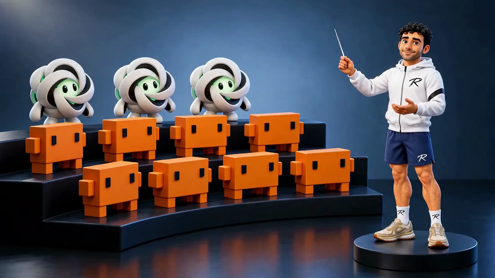 My 3D avatar, on a round podium, conducts eight orange Claude Code blocks and three white Codex knots with a baton; each wakes on its cue.